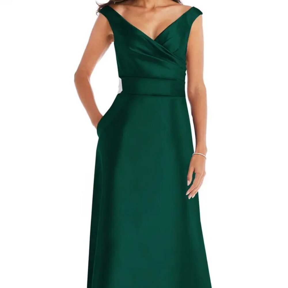 Alfred Sung Hunter Green Off the Shoulder Satin Gown D811s - Picture 1 of 4